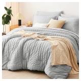 $156 (F) 7PC Comforter Set Light Grey Textured