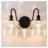 NEW $85 2-Light Black Wall Sconce, Flower Glass