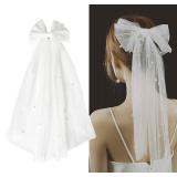 New Bridal Hair Bow Veil Pearl Clips White Bow