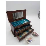 Wooden Jewelry Box + Mixed Jewelry Lot