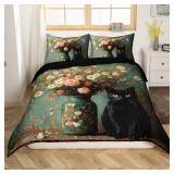 NEW $65 (K)Floral Cat Oil Paint Style Duvet Cover