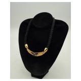 Black Braided Statement Necklace Gold Tone