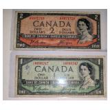 2PK 1954 'Devil's Face' Canada $1 & $2 Bills