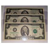 3 Consecutive UNC 2003 American $2 Bills