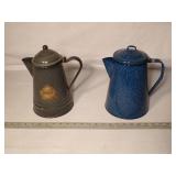 Vintage Blue Speckled & Grey Enamel Coffee Pots
