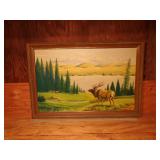 Vintage Large Elk Painting on Canvas