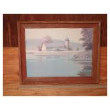 Vintage Barn Painting of Peaceful Winter Landscape