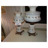 Antique blue floral table lamps set matching, two