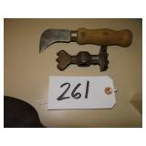 Antique meat tenderizer head and linoleum knife