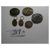 Assorted Hesston belt buckles and key chains
