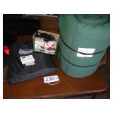 Queen air mattress w/ pump, and large sleeping bag