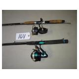 2 fishing rods, one has Mitchell reel, and one has