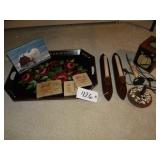 Floral metal tray, candles, coasters, tissue box h