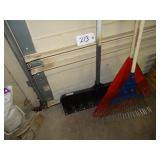 Snow shovel and 2 leaf rakes