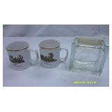 Rail Road glass coin bank and cups