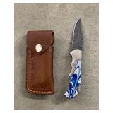 Handmade Spring assisted Damascus Knife with Sheat