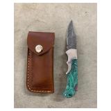 Handmade Spring assisted Damascus Knife with Sheat
