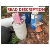 Lot of 4 metal barrels, traffic cones, 2 large pla