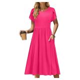 5XL Women Summer Short Sleeve Midi Dress with Pock