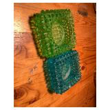 2 Glass Tea Light Holders Green & Blue