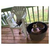 Lot of planter pots, windchimes and plastic chairs