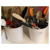 2 Counter Top Untensil Holders Full Of Kitchen Unt
