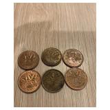 Lot of 6 Canadian Pennies Various Years