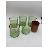 Lot of 5 Small Green Glasses & Wooden Cup