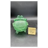 Vintage green glass candy dish with a lovebird ..
