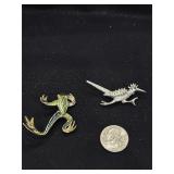 Vintage roadrunner and frog brooches