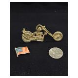 Vintage motorcycle-themed brass pin & American ..