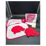 Razorback place mats, pot holder, towel, & croc..