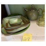 Green Frankoma pottery, glass decantor, tea kettle