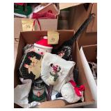 Box of snowman decor including painted shovel