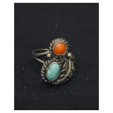 Vintage Navajo turquoise and coral ring made of..