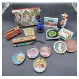 collection of vintage souvenir items, coasters,..
