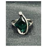 Silver tone Ring with Dark Green Stone