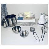 Kitchen aid hand mixer, sifter, wire shelf, sta..