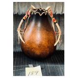 Native American handcrafted art gourd vessel fe..