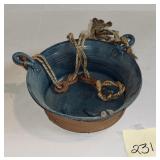 Blue studio art pottery hanging planter (needs ..