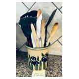 Vintage studio potter crock with utensils
