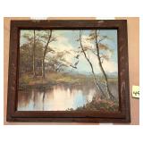 Vintage wildlife oil painting features ducks fl..