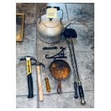 Miscellaneous Lot (Aluminum Kettle, Tools, cast..