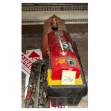 Toolbox and tools, garage sale signs