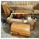 2 Wooden Chests, wooden box, & Contents (jumper..