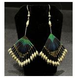 Vintage 1990s beaded peacock feather dangle ear..