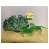 Pair of vintage mid-century green faux jade hor..