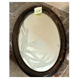 Vintage oval wall mirror w/etched glass floral ..