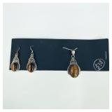 .925 Sterling Silver Tigers Eye Earrings & Pendant