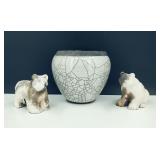 Clay Sculpted Grizzly Bears & Signed Clay Pot